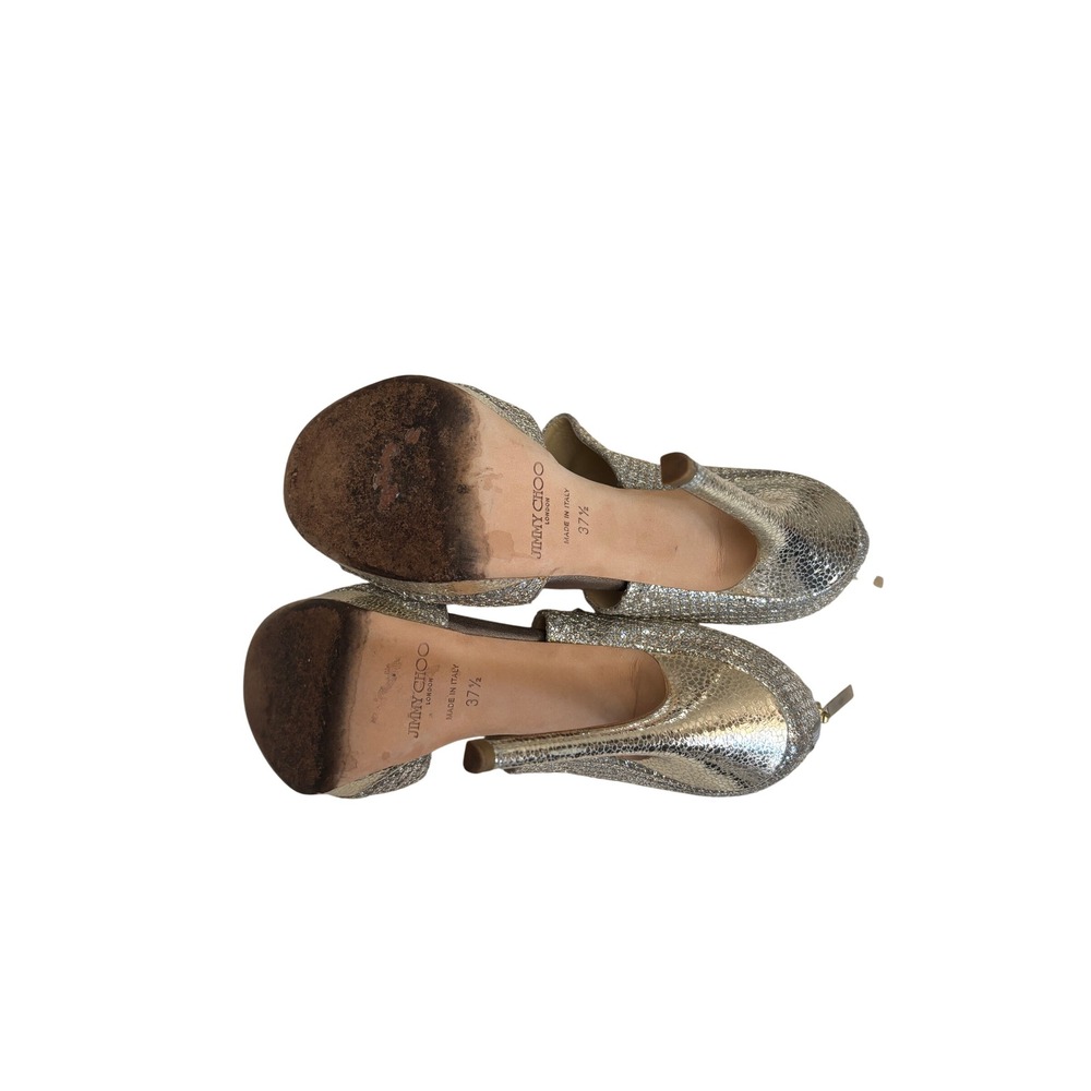 Jimmy Choo Champagne Glitter Peep Toe Platform Sandals Ankle Zip Heels 37.5 - Picture 10 of 13